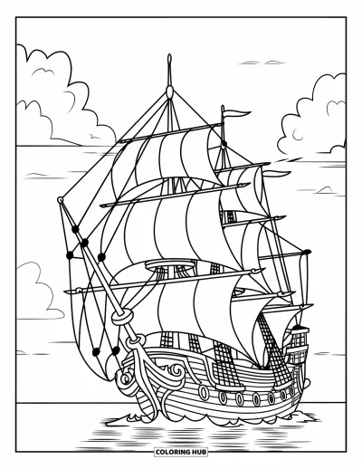 Piratenschiff-Ausmalbild für Kinder: Schiff segelt vorwärts mit detaillierten Segeln und Spiegelungen am Himmel