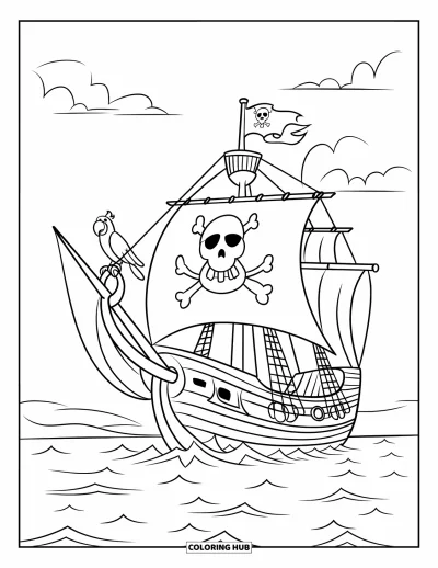Piratenschiff-Ausmalbild für Kinder: Schiff mit Papagei und Anker segelt über den sanften Ozean