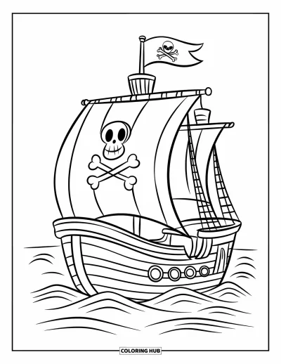 Piratenschiff-Ausmalbild für Kinder: Schiff mit fröhlicher Flagge und Totenkopfsymbol segelt über ein friedliches Meer