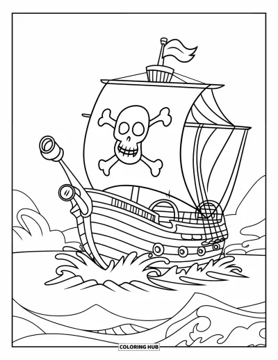 Piratenschiff-Ausmalbild für Kinder: Schiff mit Totenkopfflagge segelt durch brechende Wellen