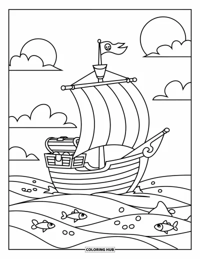 Piratenschiff-Ausmalbild für Kinder: Schiff mit Schatz und fischreichen Wellen segelt an einer untergehenden Sonne vorbei