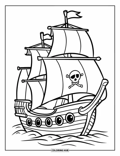 Piratenschiff-Ausmalbild für Kinder: Schiff mit Fenstern und Anker segelt ruhig dahin, perfekt für kleine Hände