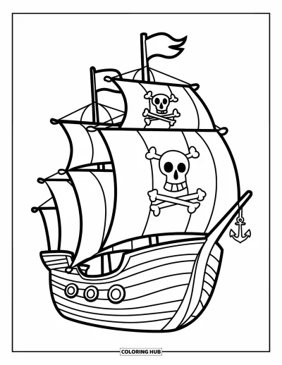 Piratenschiff-Ausmalbild für Kinder: Einfaches Piratenschiff mit Anker und Fenstern, ideal zum Ausmalen für kleine Hände