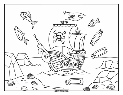 Piratenschiff-Ausmalbild für Kinder: Totenkopf-Flaggenschiff segelt an Fischen, Muscheln und treibenden Flaschenposten vorbei