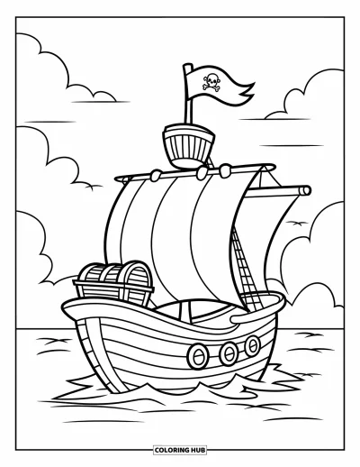 Piratenschiff-Ausmalbild für Kinder: Kleines Piratenschiff mit Schatztruhe gleitet unter klarem Himmel