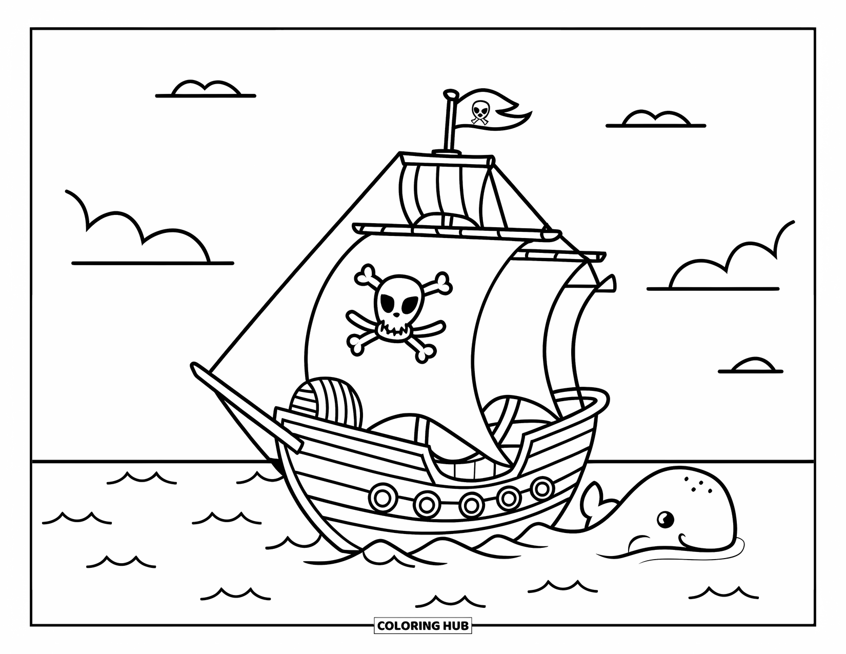 Pirate Ship Coloring Page for Kids: Small ship sails above a smiling whale in sunny seas