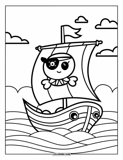 Piratenschiff-Ausmalbild für Kinder: Lächelndes Piratenschiff mit sanften Wellen und weichen Wolken im Hintergrund