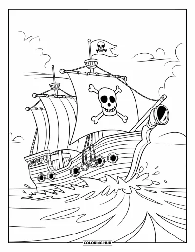 Piratenschiff-Ausmalbild für Kinder: Piratenschiff mit Fernrohr segelt durch spritzende Wellen