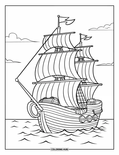 Piratenschiff-Ausmalbild für Kinder: Gestreiftes Piratenschiff mit Schatz segelt sanft unter flauschigen Wolken
