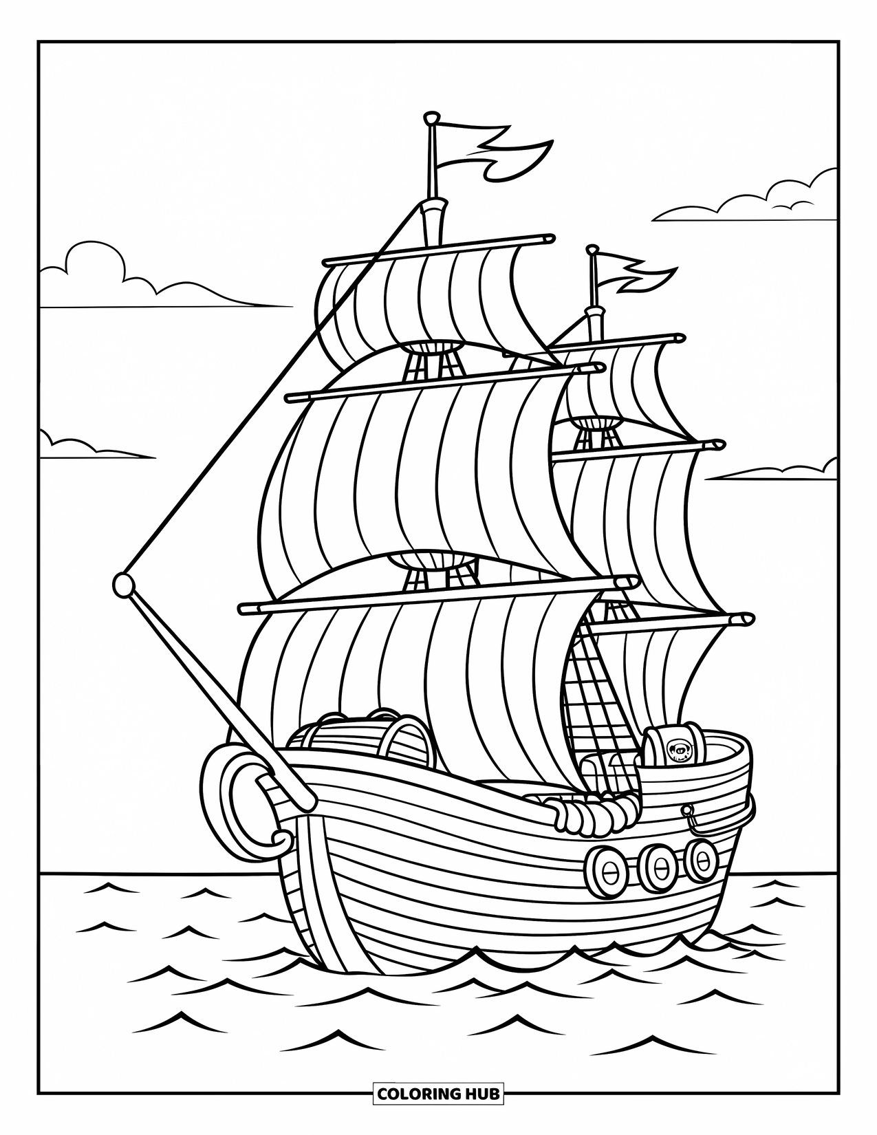 Pirate Ship Coloring Page for Kids: Striped pirate ship with treasure sails gently under fluffy clouds