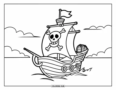 Piratenschiff-Ausmalbild für Kinder: Winziges Piratenschiff mit Laufplanke und Fass segelt unter friedlichem Himmel