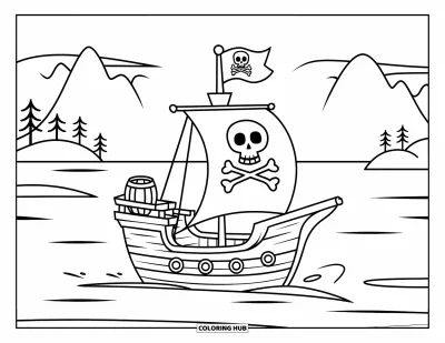 Piratenschiff-Ausmalbild für Kinder: Winziges Piratenschiff mit Totenkopfflagge segelt an fernen Bergen vorbei