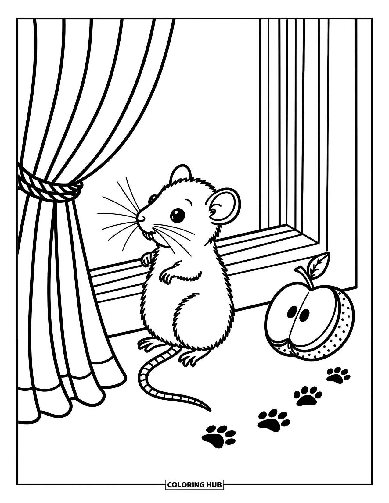 Rat Coloring Page for Adults: Curious rat peers out a window beside paw prints and a nibbled apple core