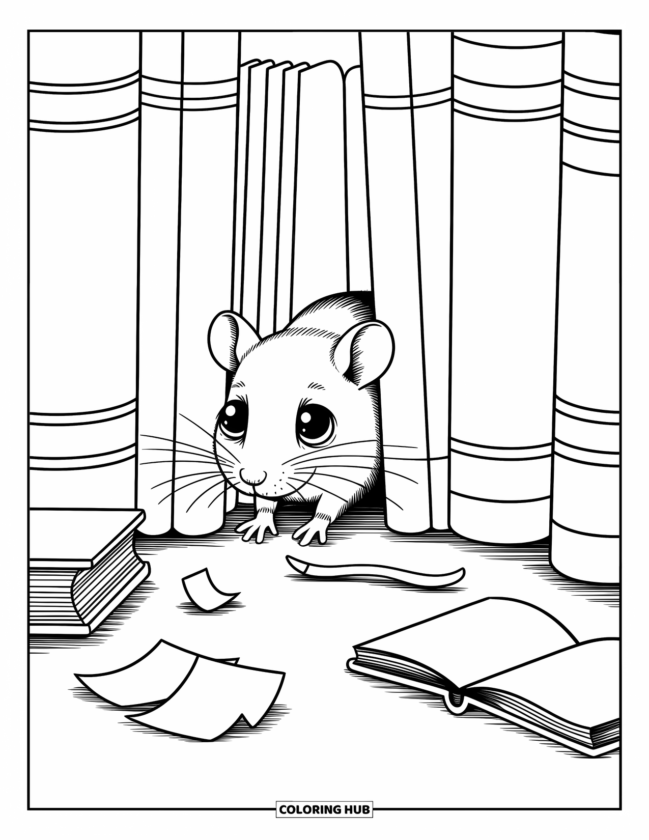 Rat Coloring Page for Adults: Curious rat sneaks through books with scattered notes and soft, rounded spines