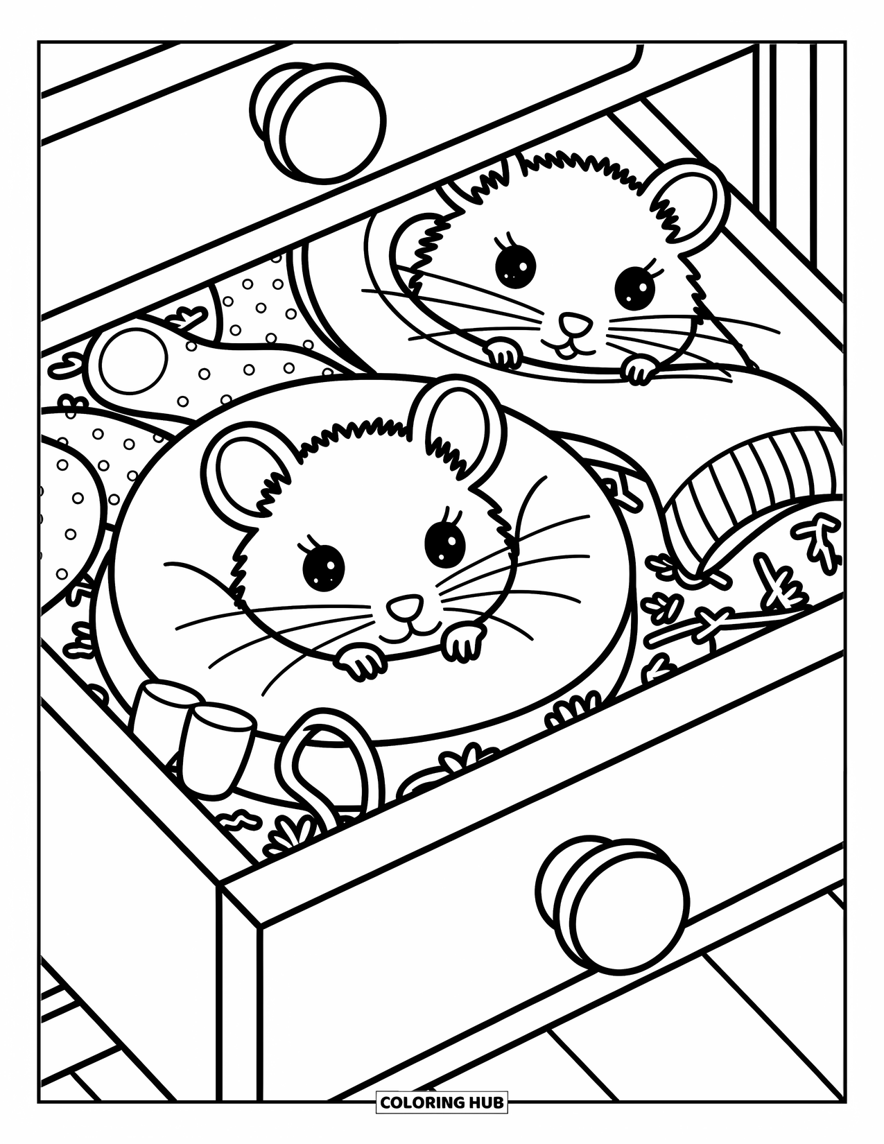 Rat Coloring Page for Adults: One rat cuddles in a drawer while another peeks from beneath a cozy scarf