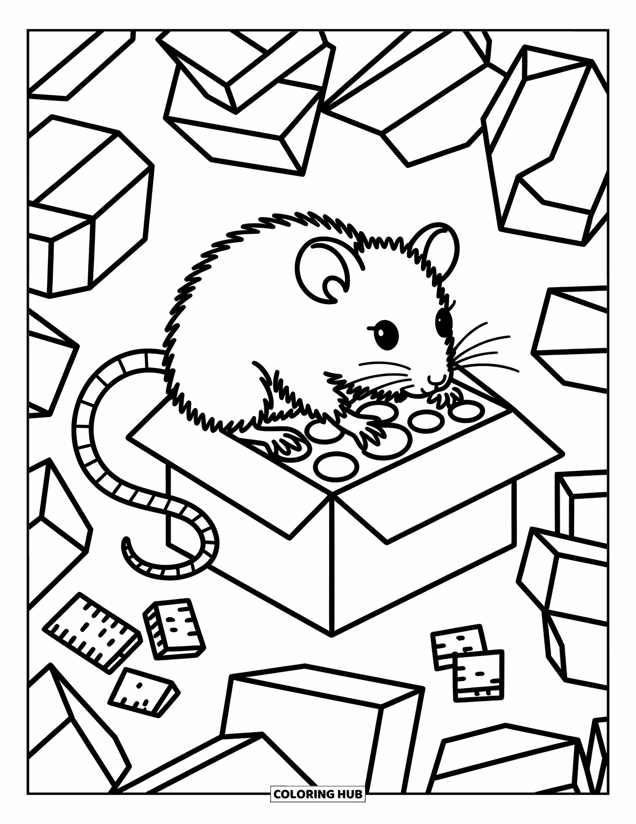 Rat Coloring Page for Adults: Playful rat snacks on cardboard with whiskers twitching and gnawed packaging around