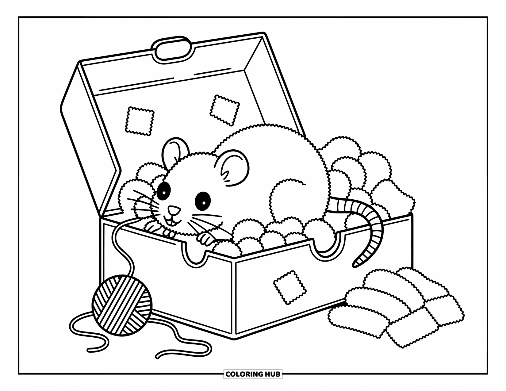 Rat Coloring Page for Adults: Rat burrows through shredded fabric and cotton scraps in a cozy shoebox nest