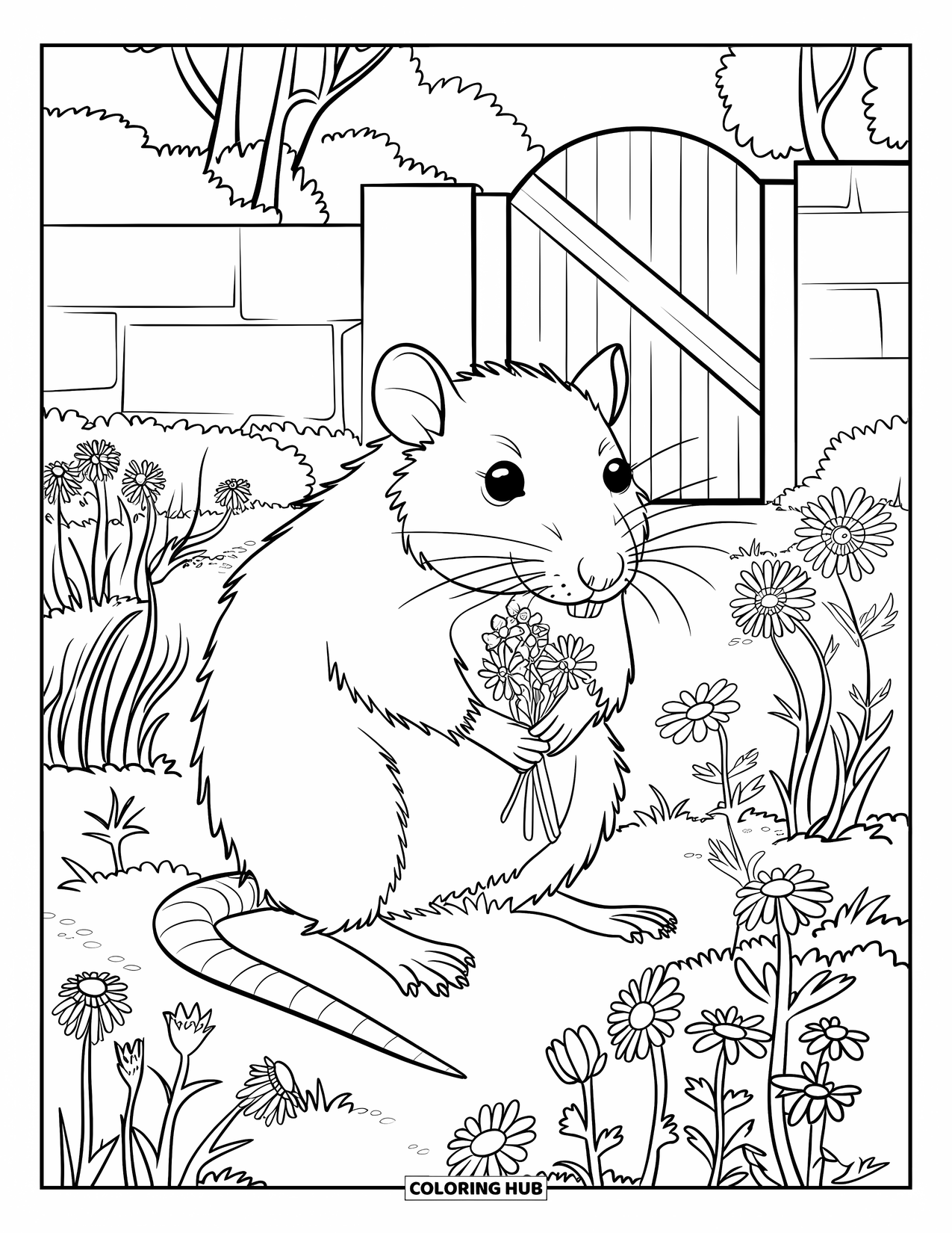 Rat Coloring Page for Adults: Rat holds a flower bouquet while sitting among wild garden blooms