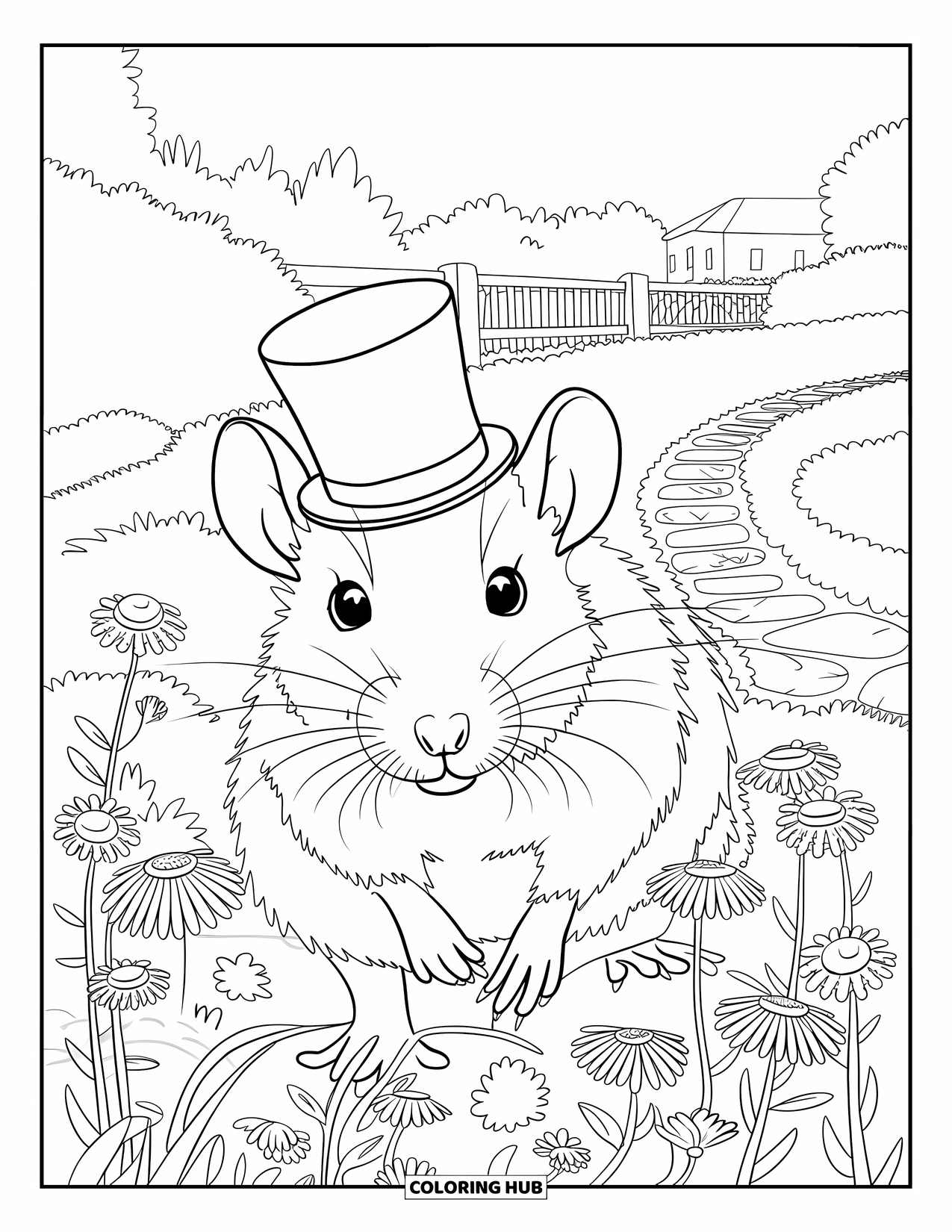 Rat Coloring Page for Adults: Rat in a top hat explores a flower garden with fences and paths