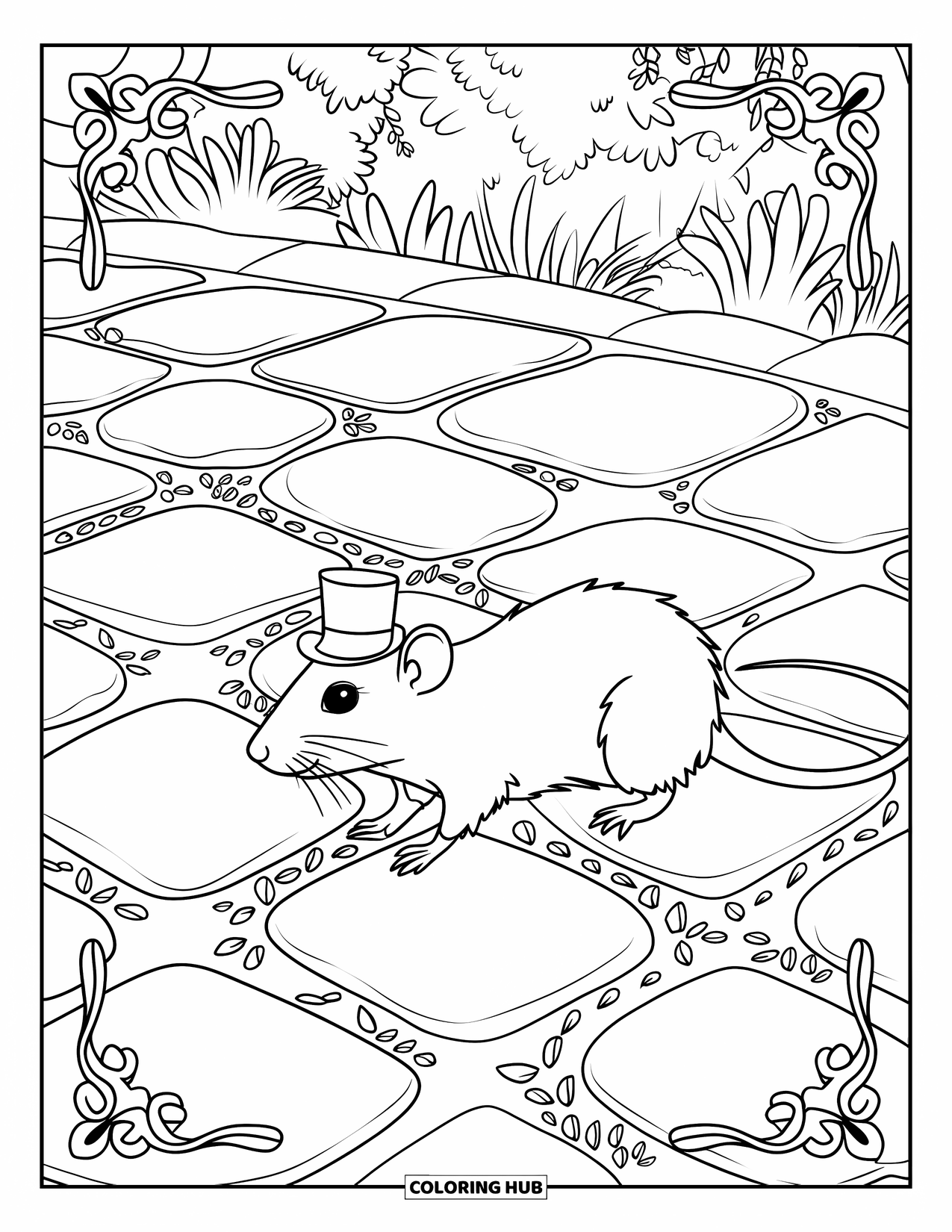 Rat Coloring Page for Adults: Rat in a top hat walks along a leaf-lined path of patterned stones