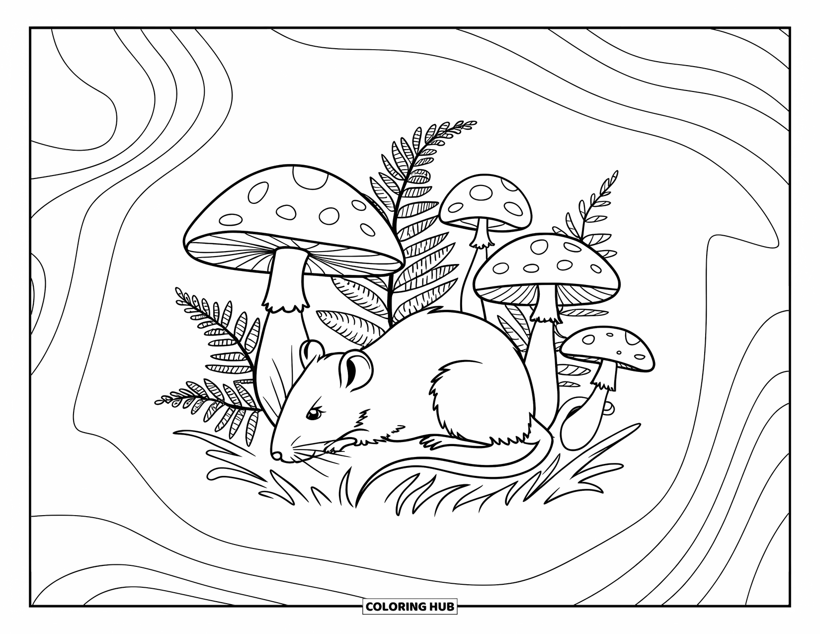 Rat Coloring Page for Adults: Rat rests on a stone surrounded by mushrooms, ferns, and swirling designs