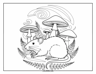 Desen de colorat cu șobolani pentru adulți: Șobolan stă printre ciuperci și ferigi cu modele decorative în fundal