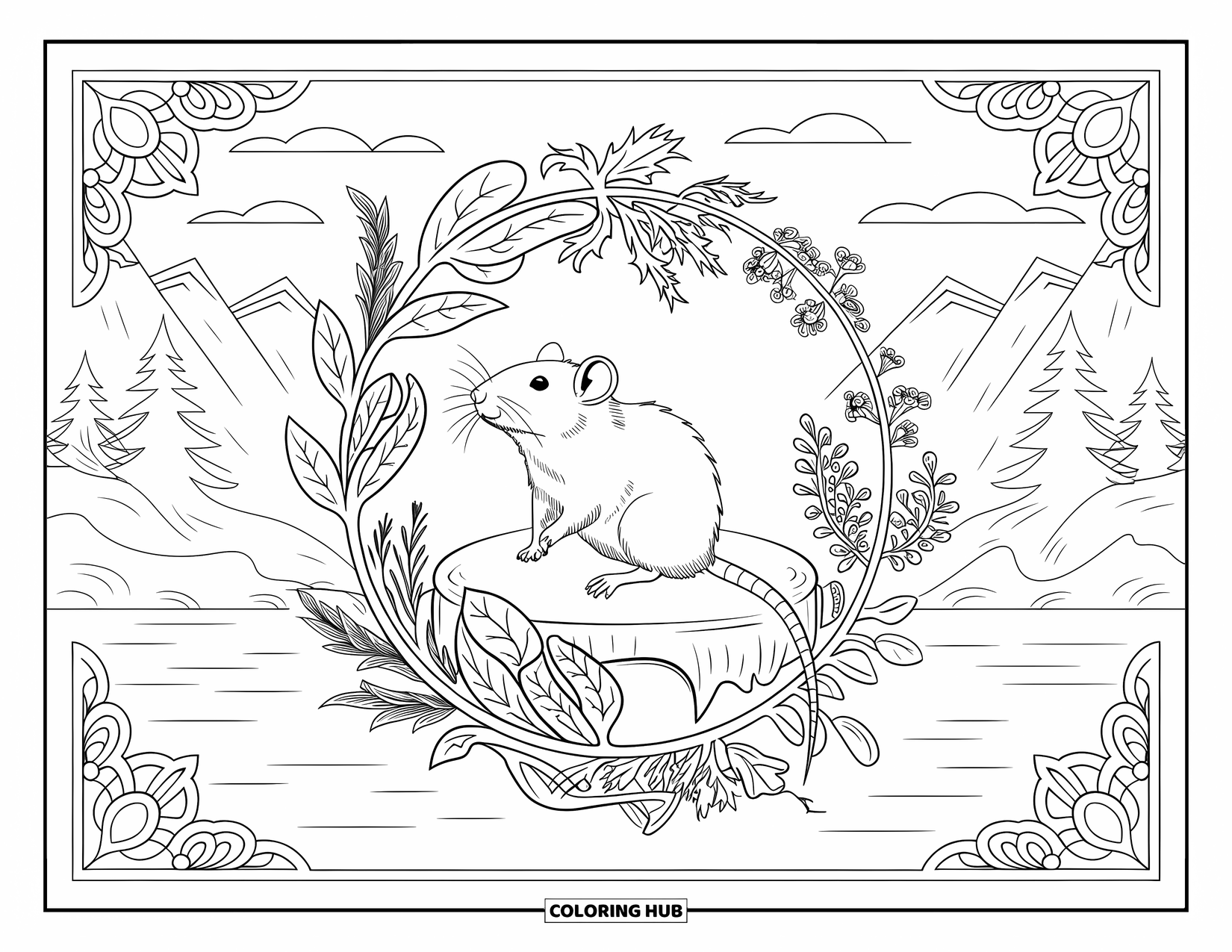 Rat Coloring Page for Adults: Rat sits calmly on a stone among vines, trees, and a mountain view