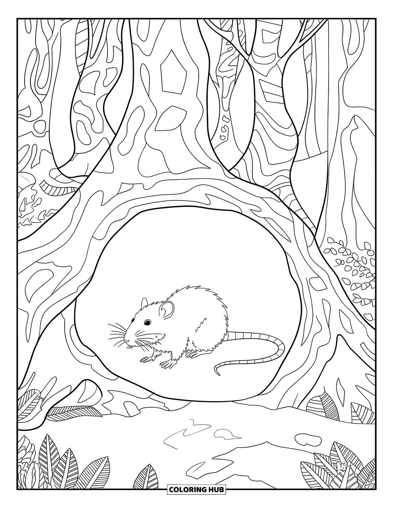 Rat Coloring Page for Adults: Rat stands in a cozy forest burrow framed by patterned tree trunks