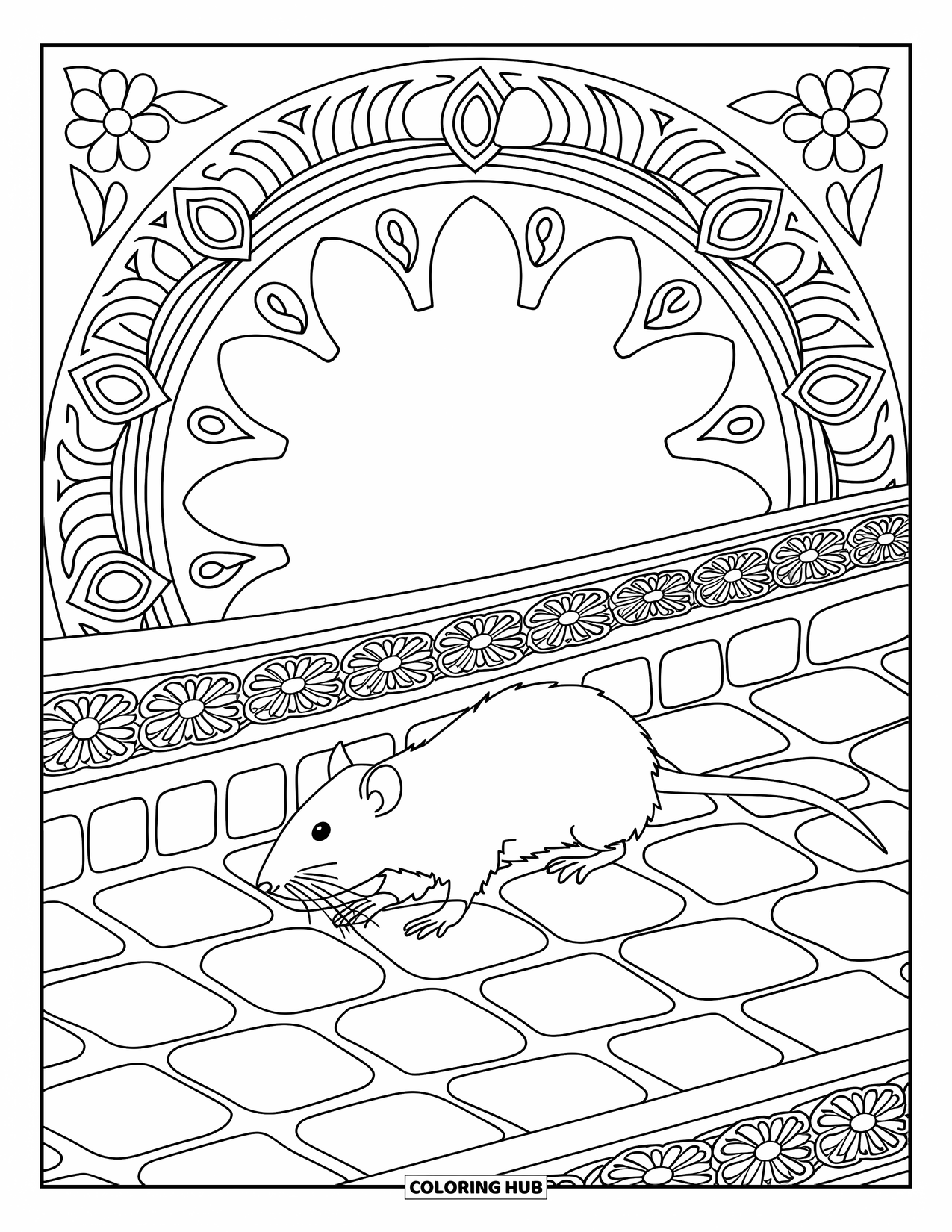 Rat Coloring Page for Adults: Rat strolls across cobblestones filled with ornate leaves and floral swirls