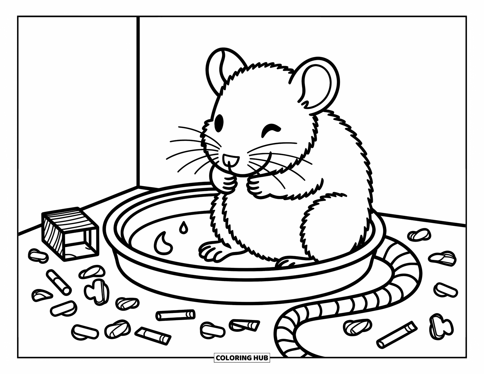 Rat Coloring Page for Adults: Rat tidies up beside a tiny splash, wood shavings, and a chewed-up cardboard tube