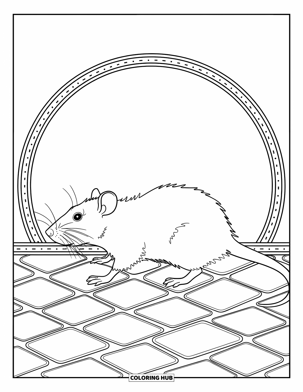Rat Coloring Page for Adults: Rat walks on spiral-patterned cobblestones inside a circular frame