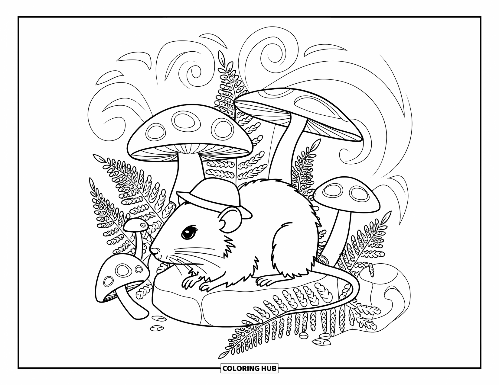 Rat Coloring Page for Adults: Rat with a tiny hat sits on a stone among mushrooms and swirling vines