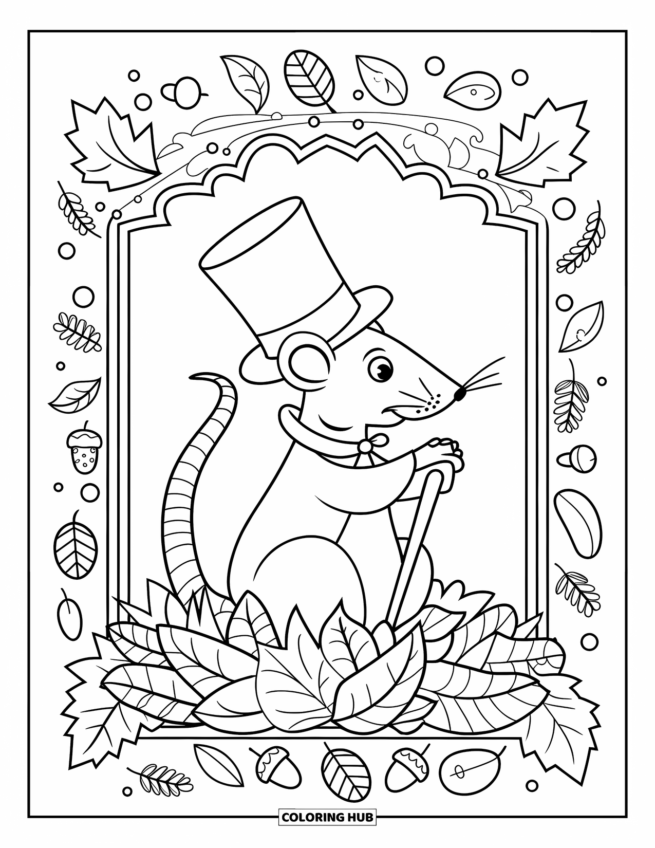 Rat Coloring Page for Adults: Rat with a top hat and cane rests in a pile of autumn leaves