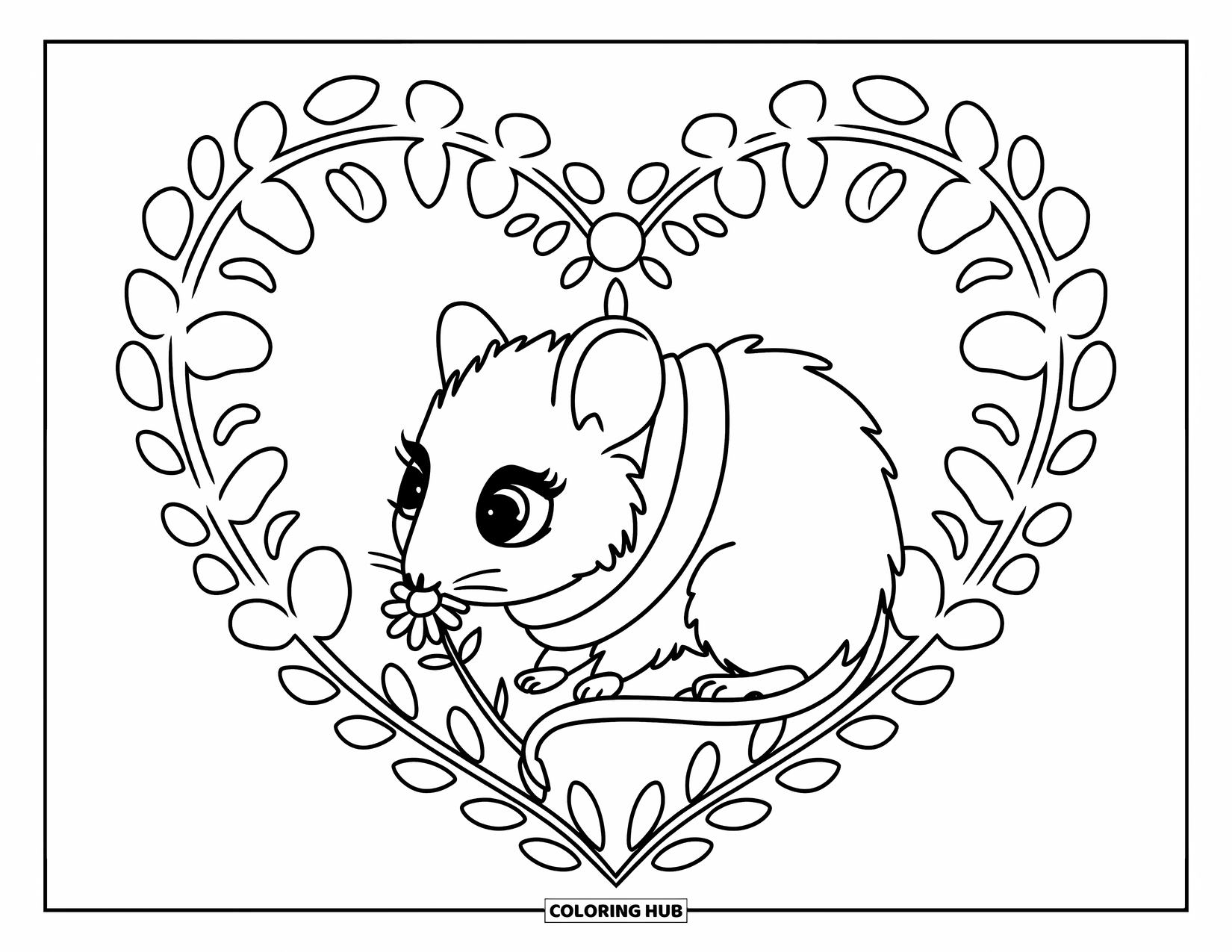 Rat Coloring Page for Kids: Curious rat in a scarf sniffs a flower inside a heart-shaped floral background