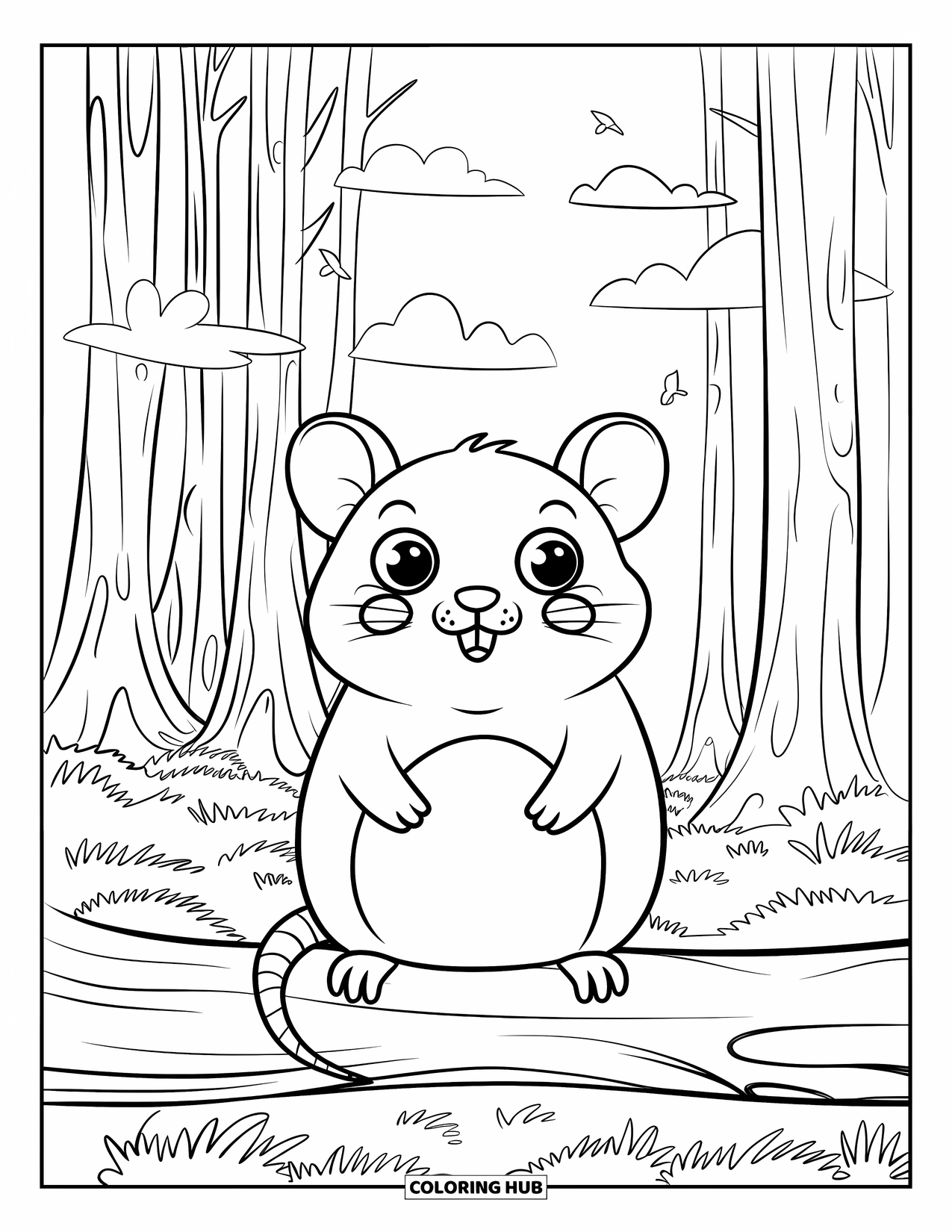 Rat Coloring Page for Kids: Happy rat with big ears sits on a log in a tall, peaceful forest