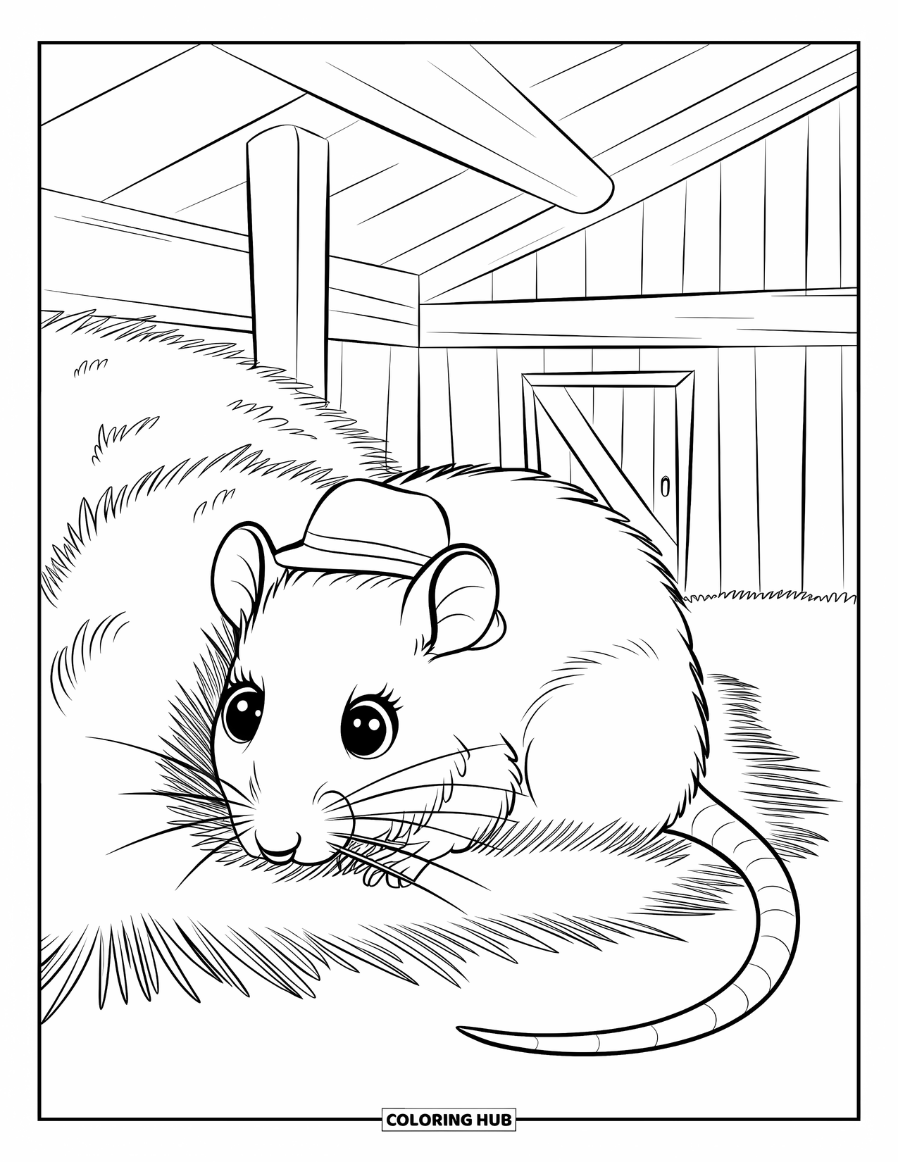 Rat Coloring Page for Kids: Rat in a hat digs into hay inside a quiet barn with wooden beams