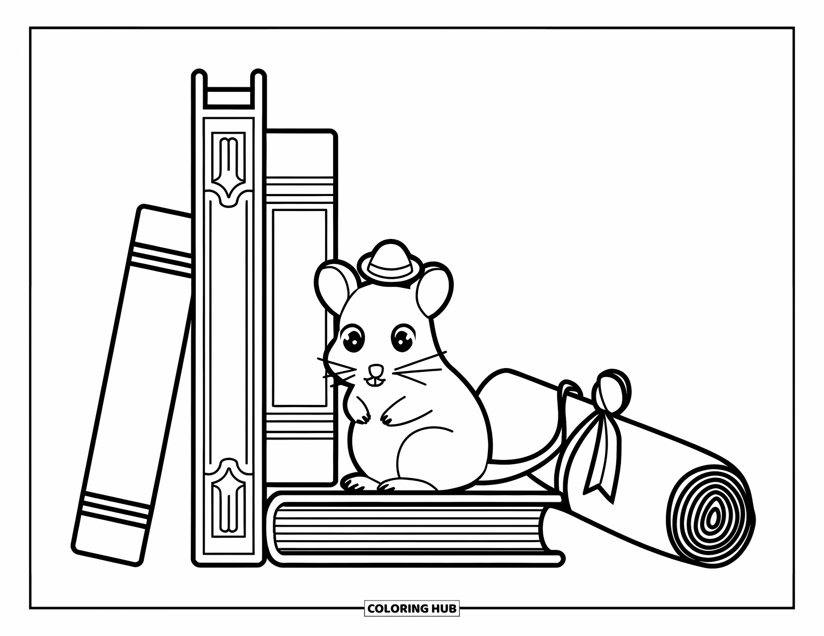 Rat Coloring Page for Kids: Rat in a hat sits between books and scrolls on a clean, white background