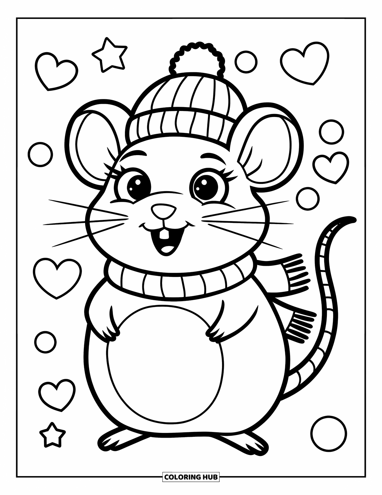 Rat Coloring Page for Kids: Rat in a scarf and beanie smiles with hearts and stars all around