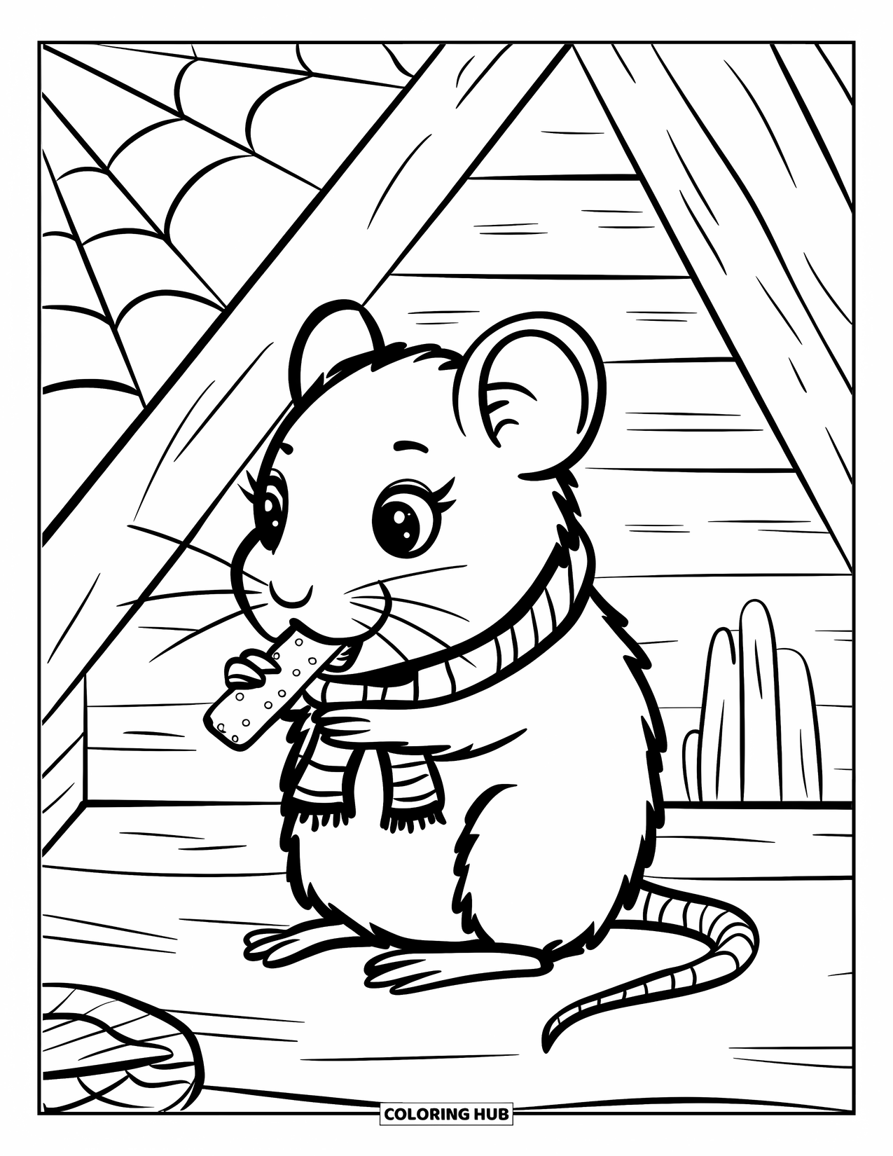 Rat Coloring Page for Kids: Rat in a scarf enjoys a cracker in a peaceful attic