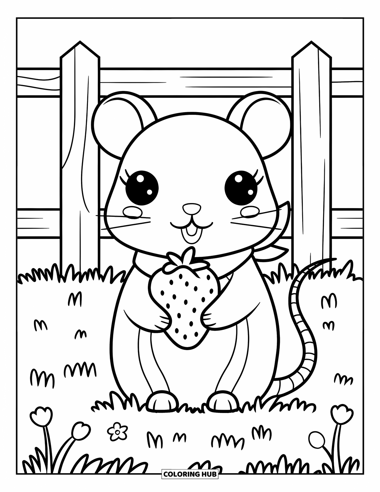 Rat Coloring Page for Kids: Rat in a scarf holds a strawberry near grass and a wooden fence
