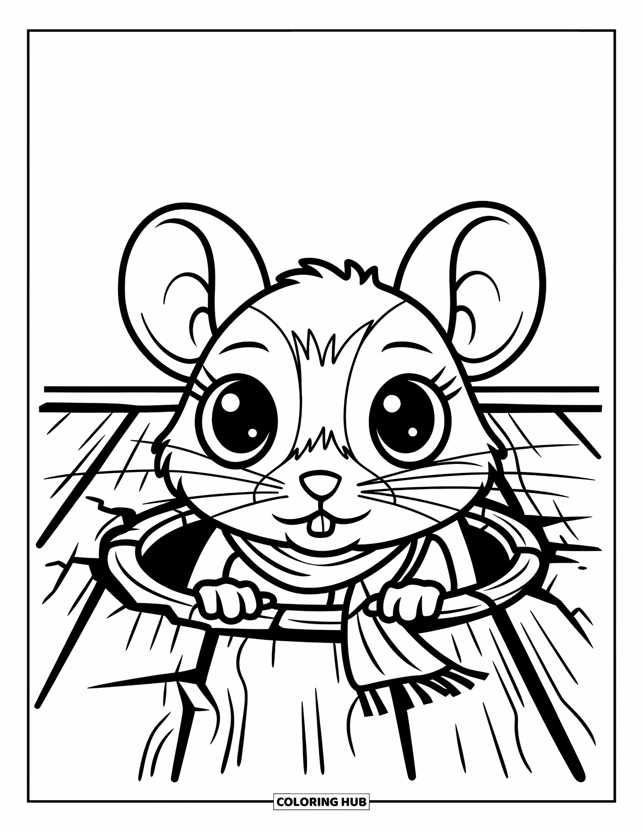 Rat Coloring Page for Kids: Rat in a scarf peeks from a cracked wooden floor with curious eyes