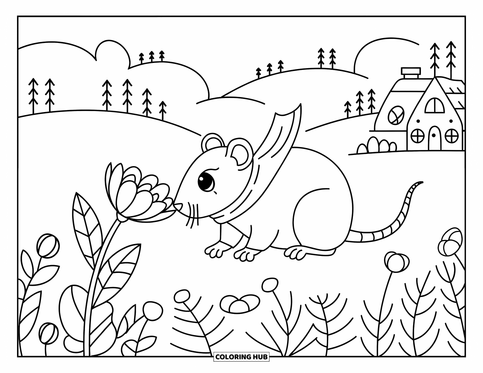 Rat Coloring Page for Kids: Rat in a scarf sniffs a flower in a peaceful field with trees and a cottage
