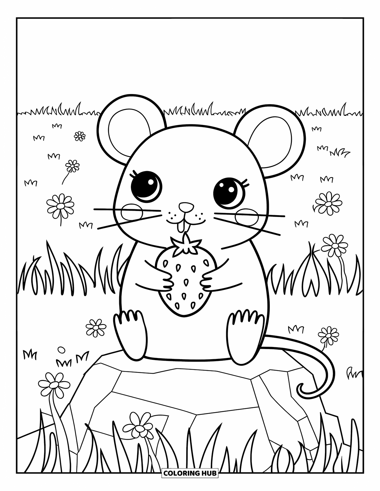 Rat Coloring Page for Kids: Rat on a rock holds a strawberry surrounded by wildflowers in a big field