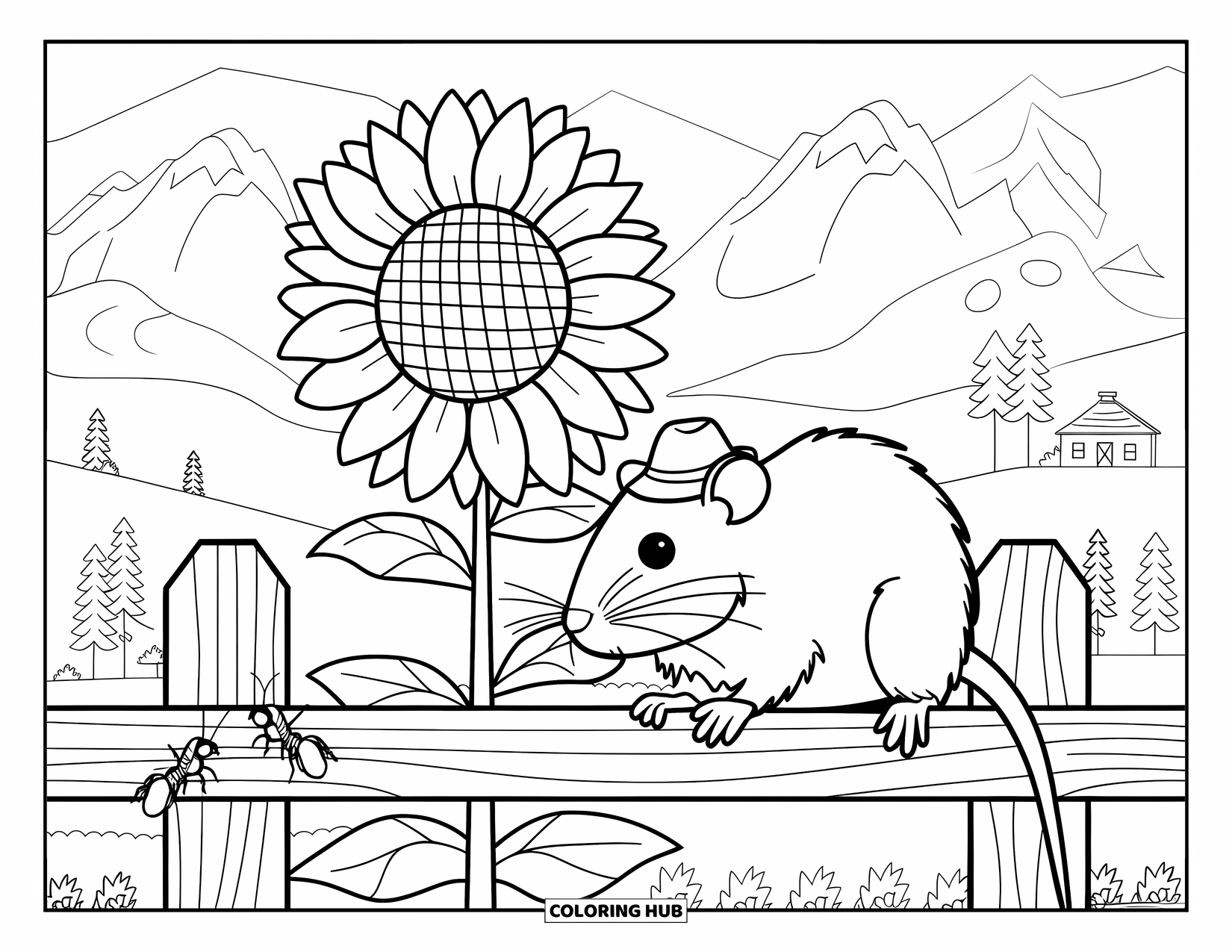 Rat Coloring Page for Kids: Rat wearing a tiny hat sits by a sunflower with ants crawling on the fence