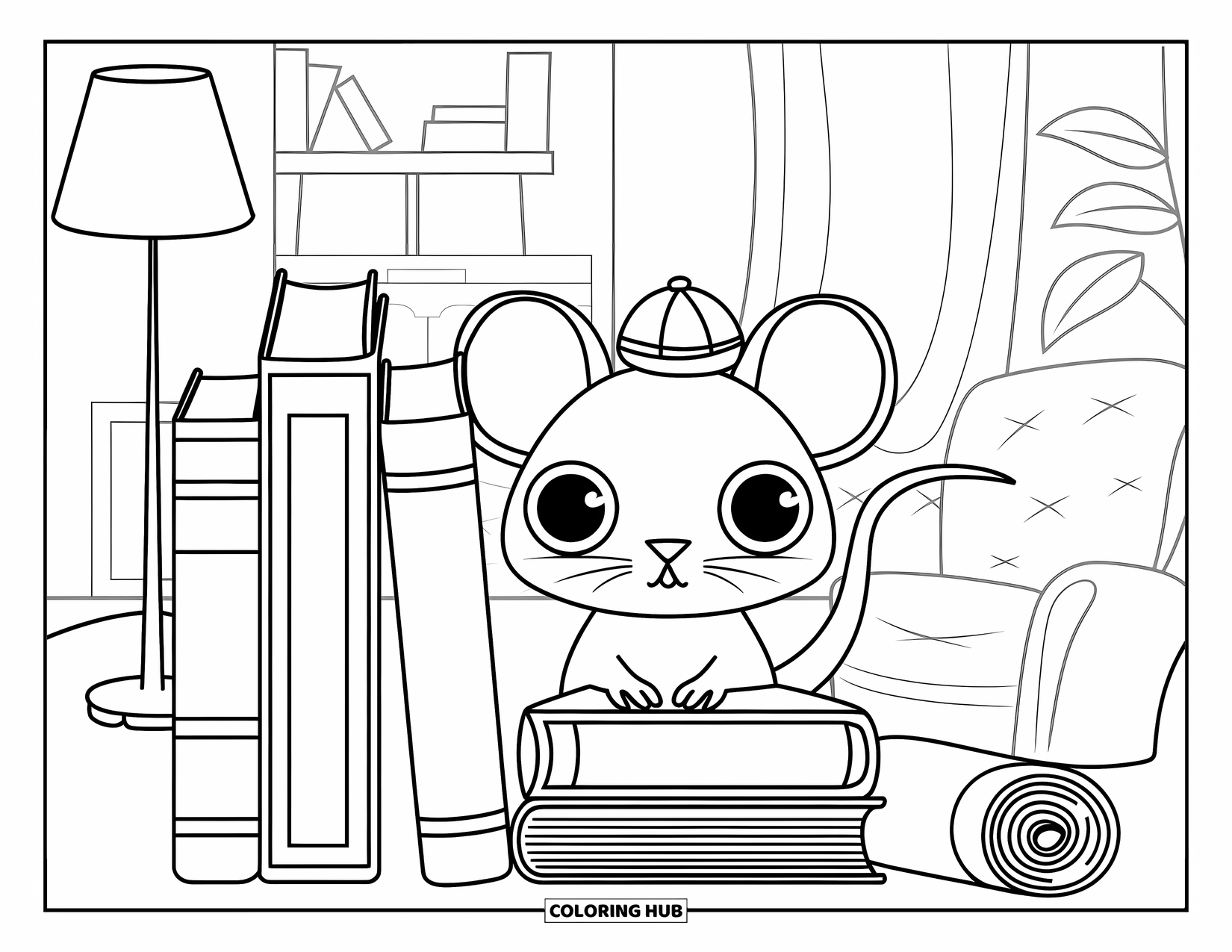 Rat Coloring Page for Kids: Rat with big eyes and a hat sits among books in a warm, cozy room