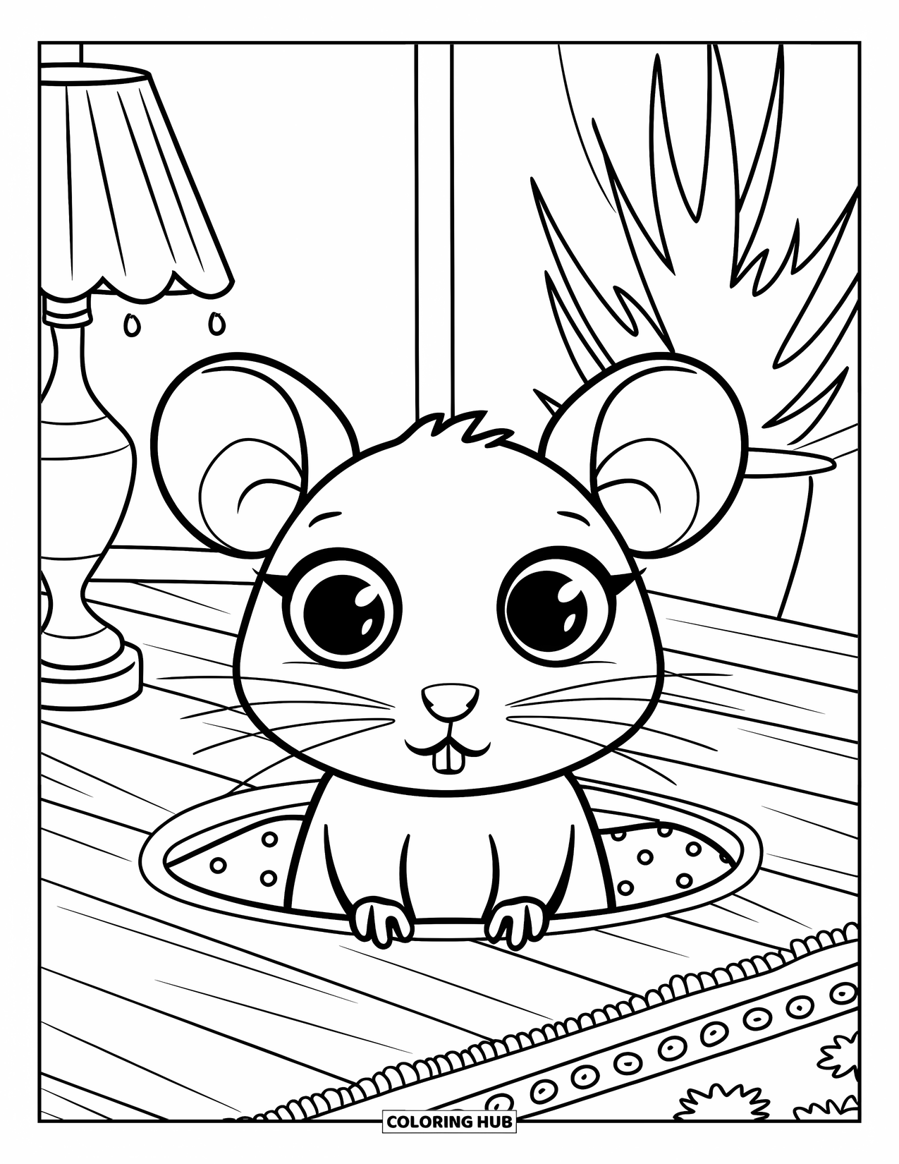 Rat Coloring Page for Kids: Rat with big eyes sits on a pillow, peeking from the floor in a cozy room