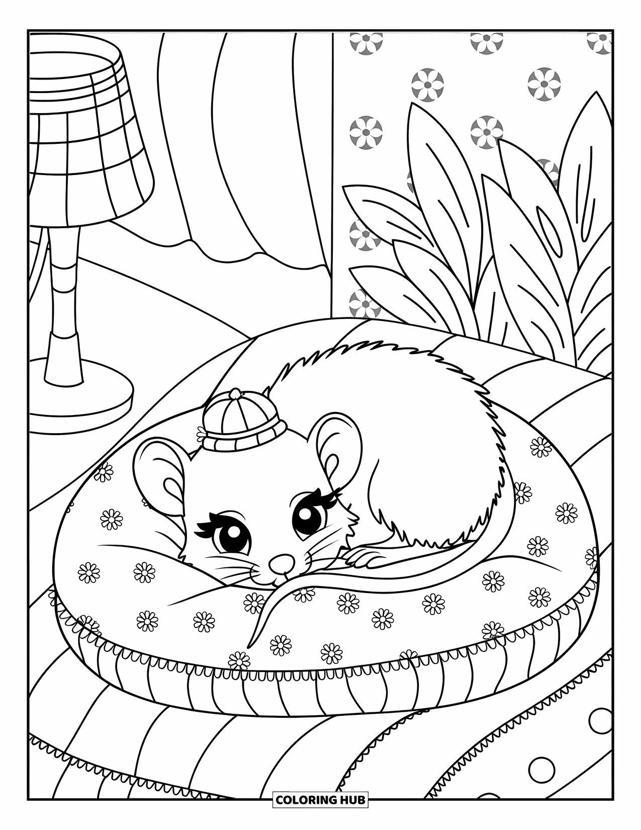 Rat Coloring Page for Kids: Sleeping baby rat in a hat rests on a floral cushion in a cozy room with a lamp