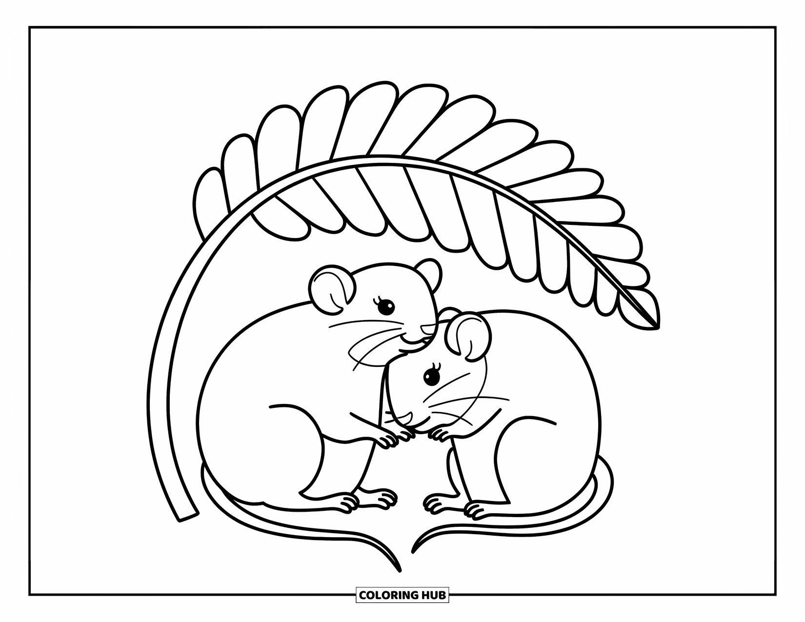 Rat Coloring Page for Kids: Two cuddly rats rest together under a leaf with no background