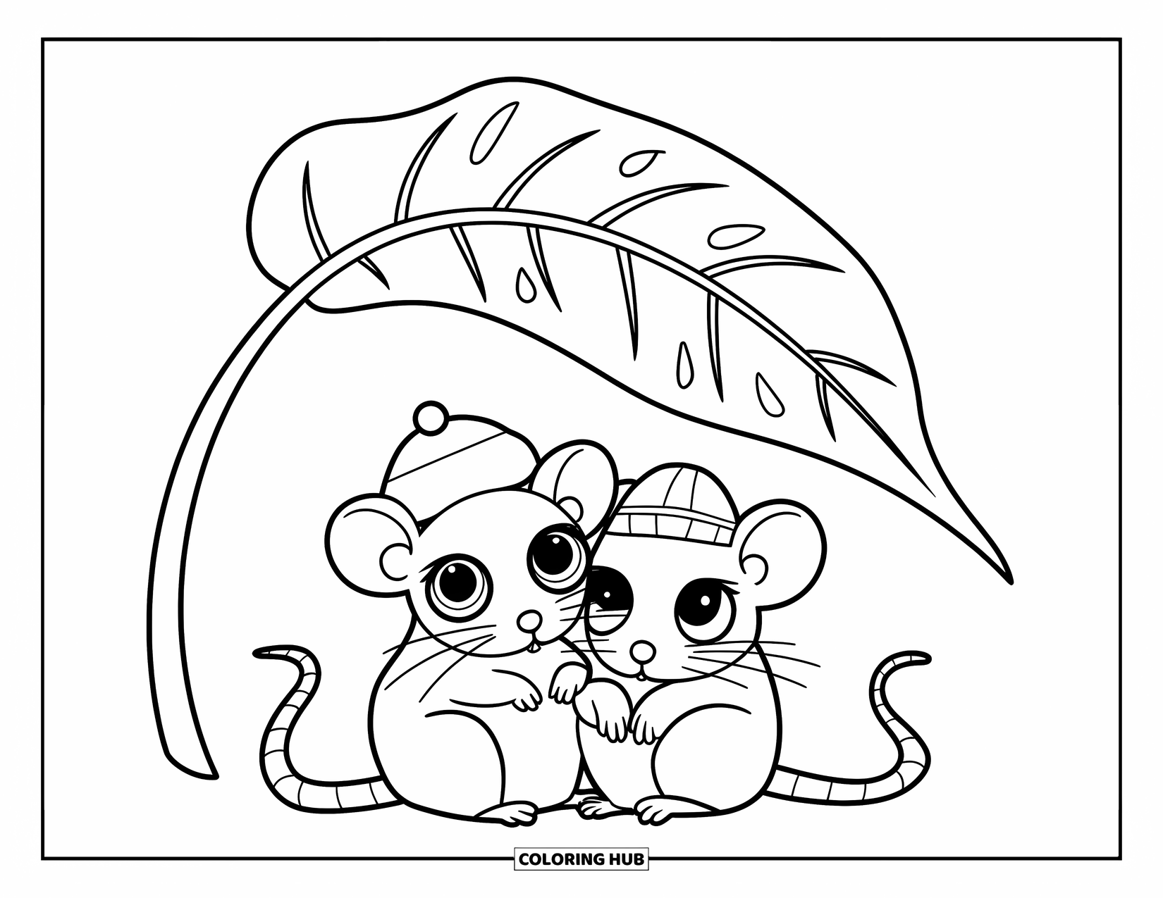 Rat Coloring Page for Kids: Two rats in hats cuddle under a leafy cover with tiny water droplets