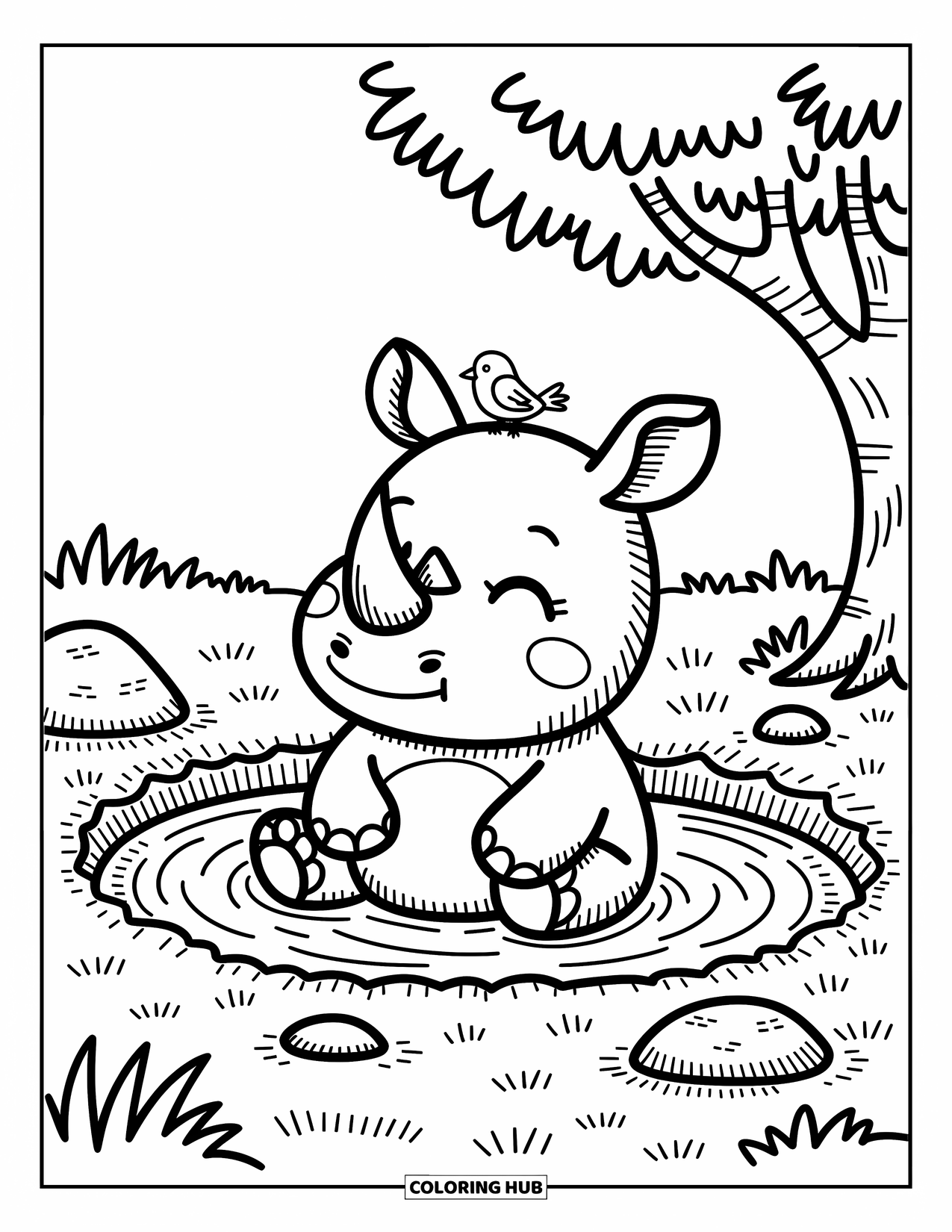 Rhino Coloring Page for Adults: Blissful rhino enjoys a mud bath under a cozy tree with a bird nearby
